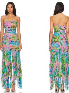 RETROFETE Teryn Strapless Silk Floral Jade Tropical Leaf Maxi Dress Size XS